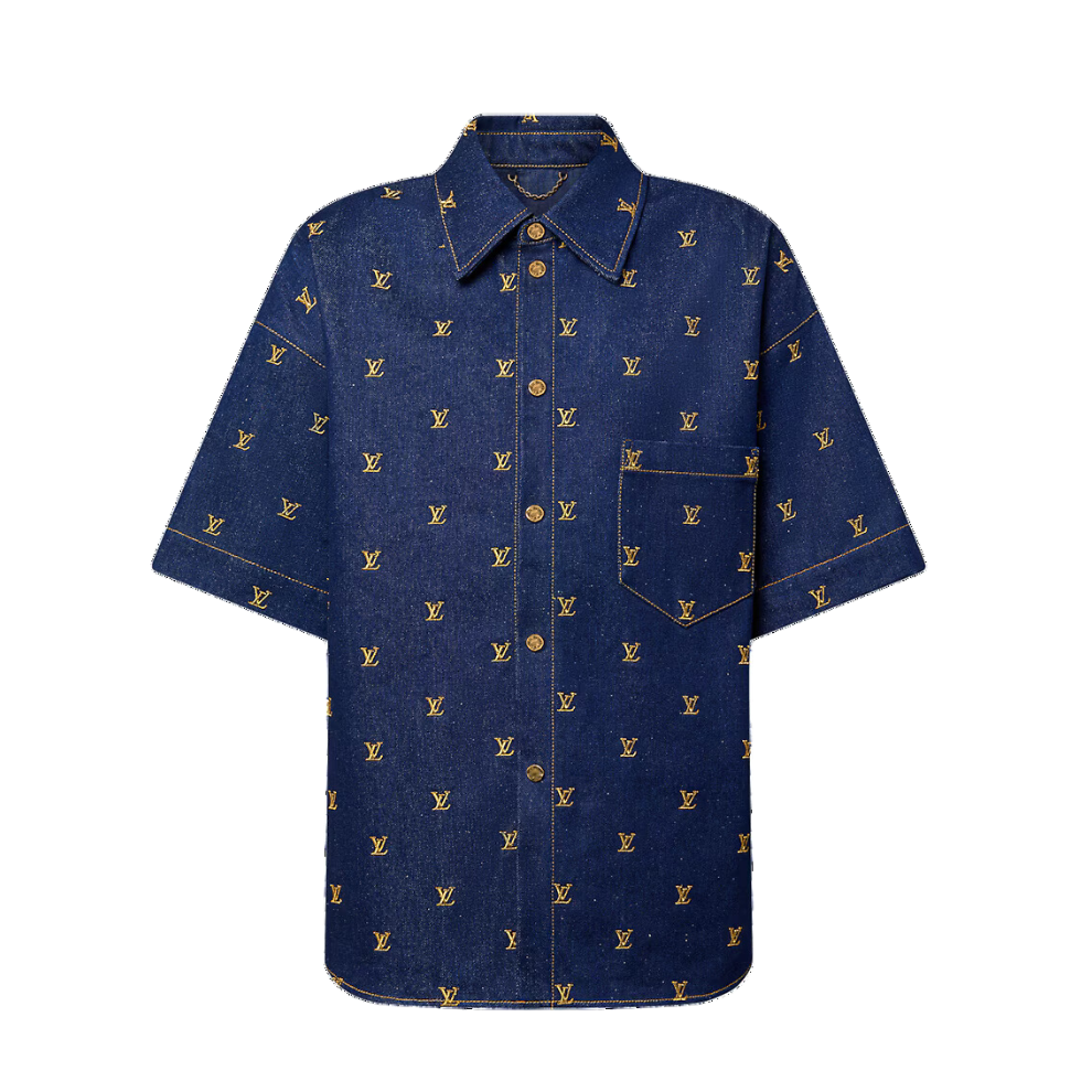LOUIS VUITTON Embroidered Signature Short-Sleeved Denim Shirt