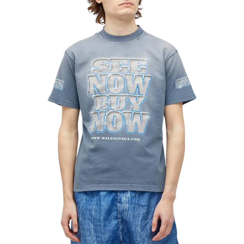 Balenciaga Men's See Now Buy Now T-Shirt in Washed Blue