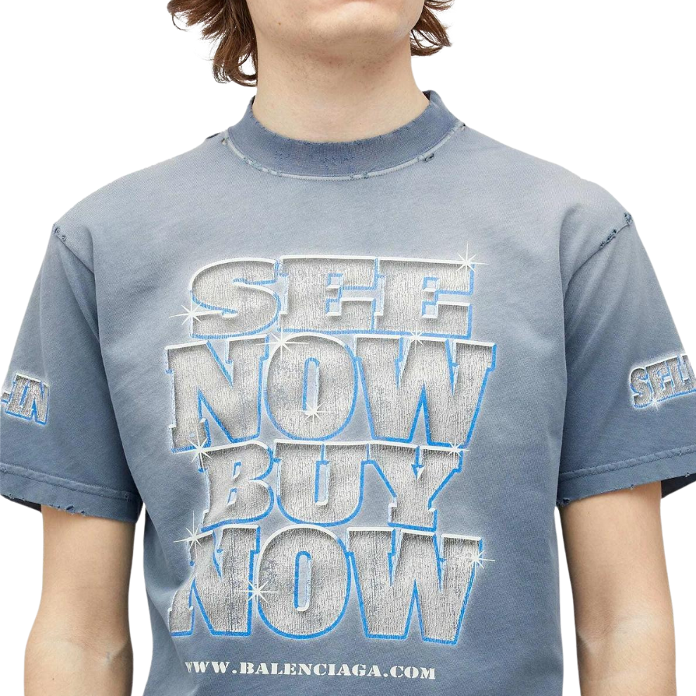 Balenciaga Men's See Now Buy Now T-Shirt in Washed Blue