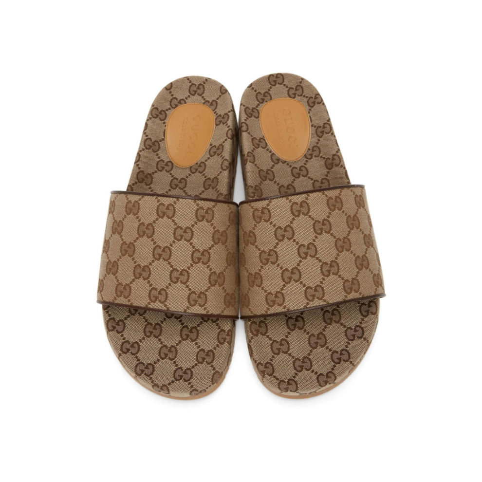 Women's platform slide sandal in camel and ebony maxi GG canvas | GUCCI® ZA