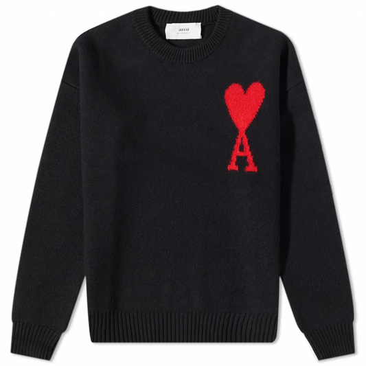 AMI LARGE A HEART CREW KNIT BLACK & RED